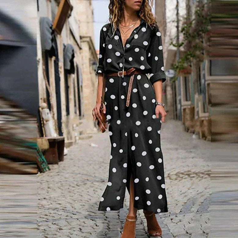 Women's Polka Dot Midi Dress with Button Front – view 2
