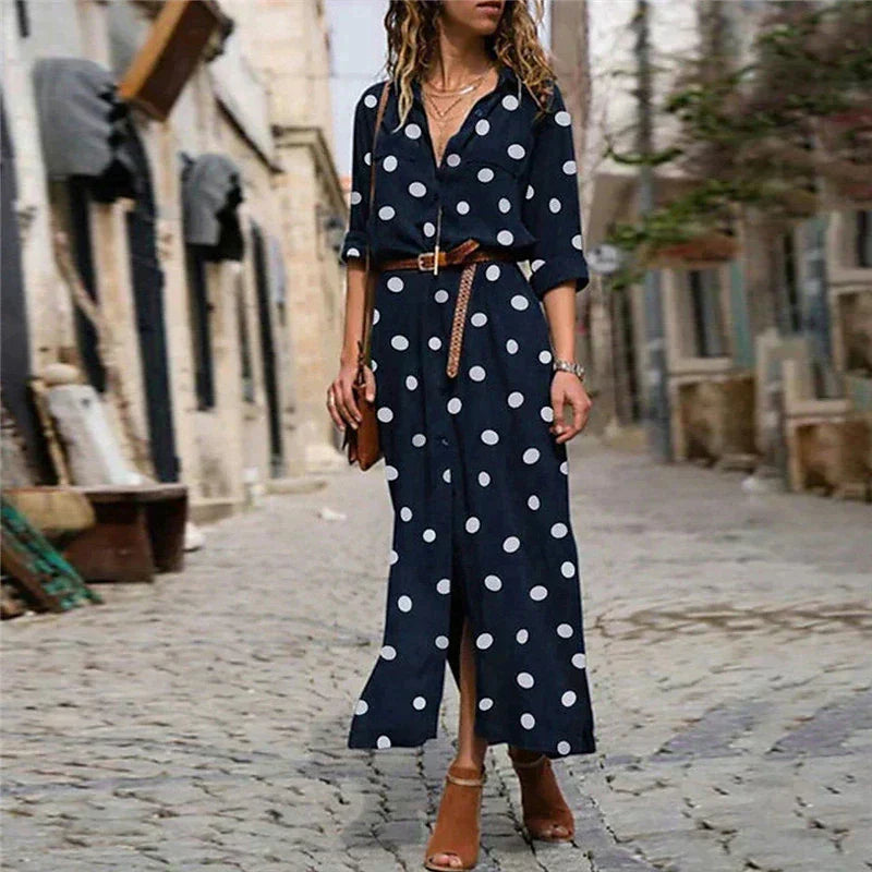 Women's Polka Dot Midi Dress with Button Front – view 4