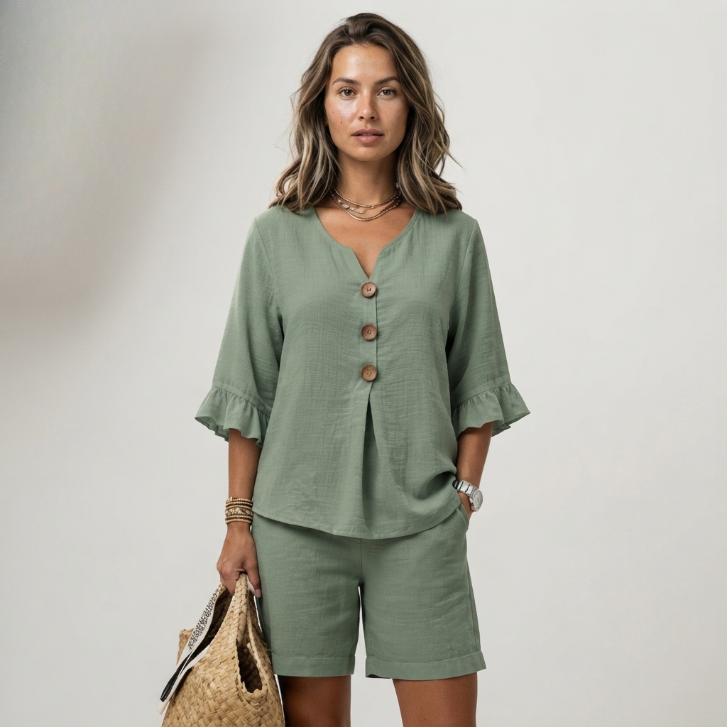 Women's Relaxed Ruffled Two-Piece Set with Button Front