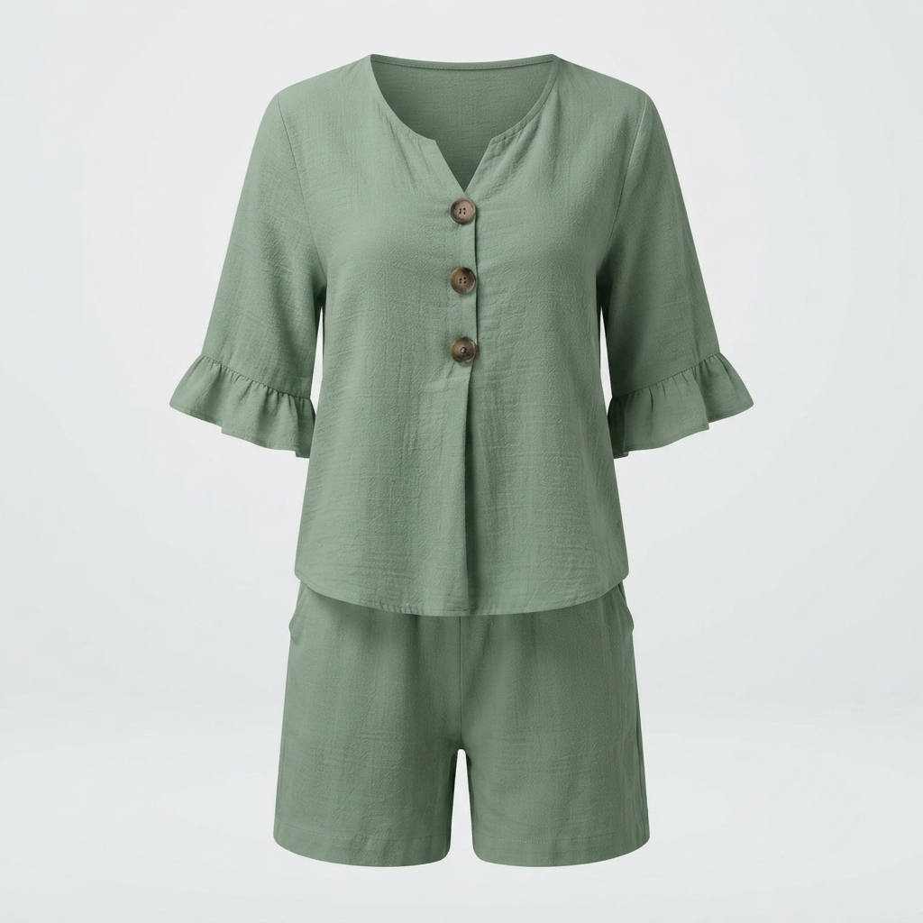 Women's Relaxed Ruffled Two-Piece Set with Button Front