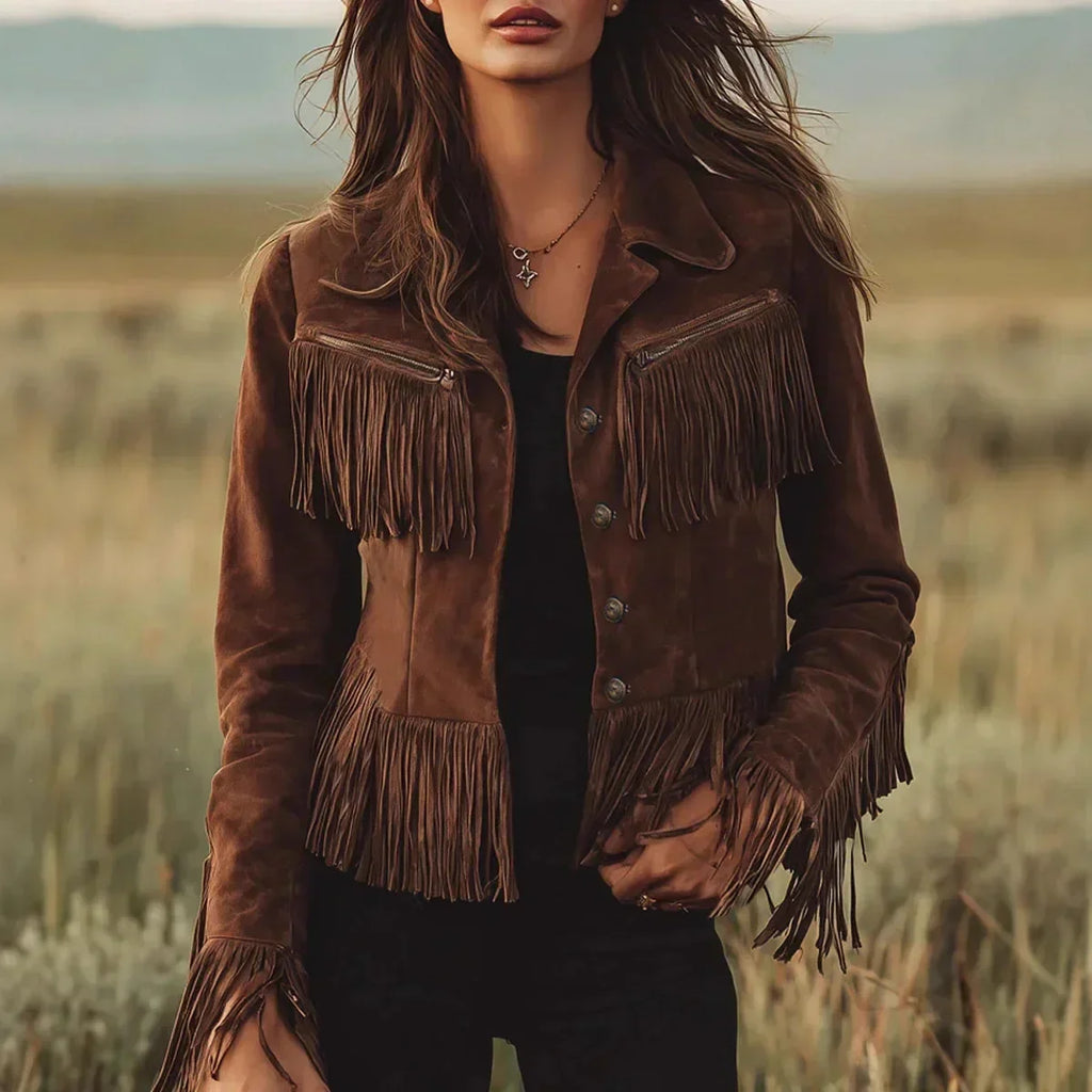 Women's Suede Jacket | Fringe Button Front Brown