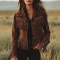 Women's Suede Jacket | Fringe Button Front Brown