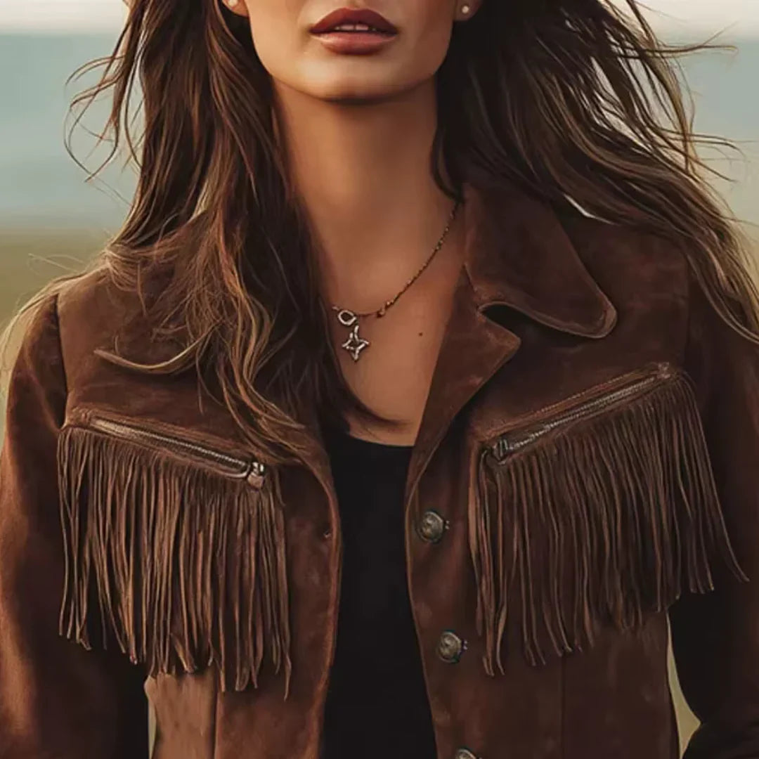 Women's Suede Jacket | Fringe Button Front Brown