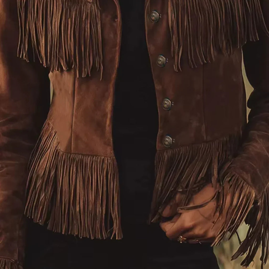 Women's Suede Jacket | Fringe Button Front Brown