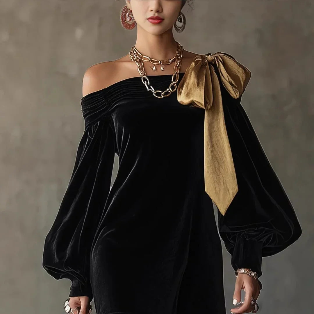 Women's Velvet Dress with Puff Sleeves and Bow Detail – view 2