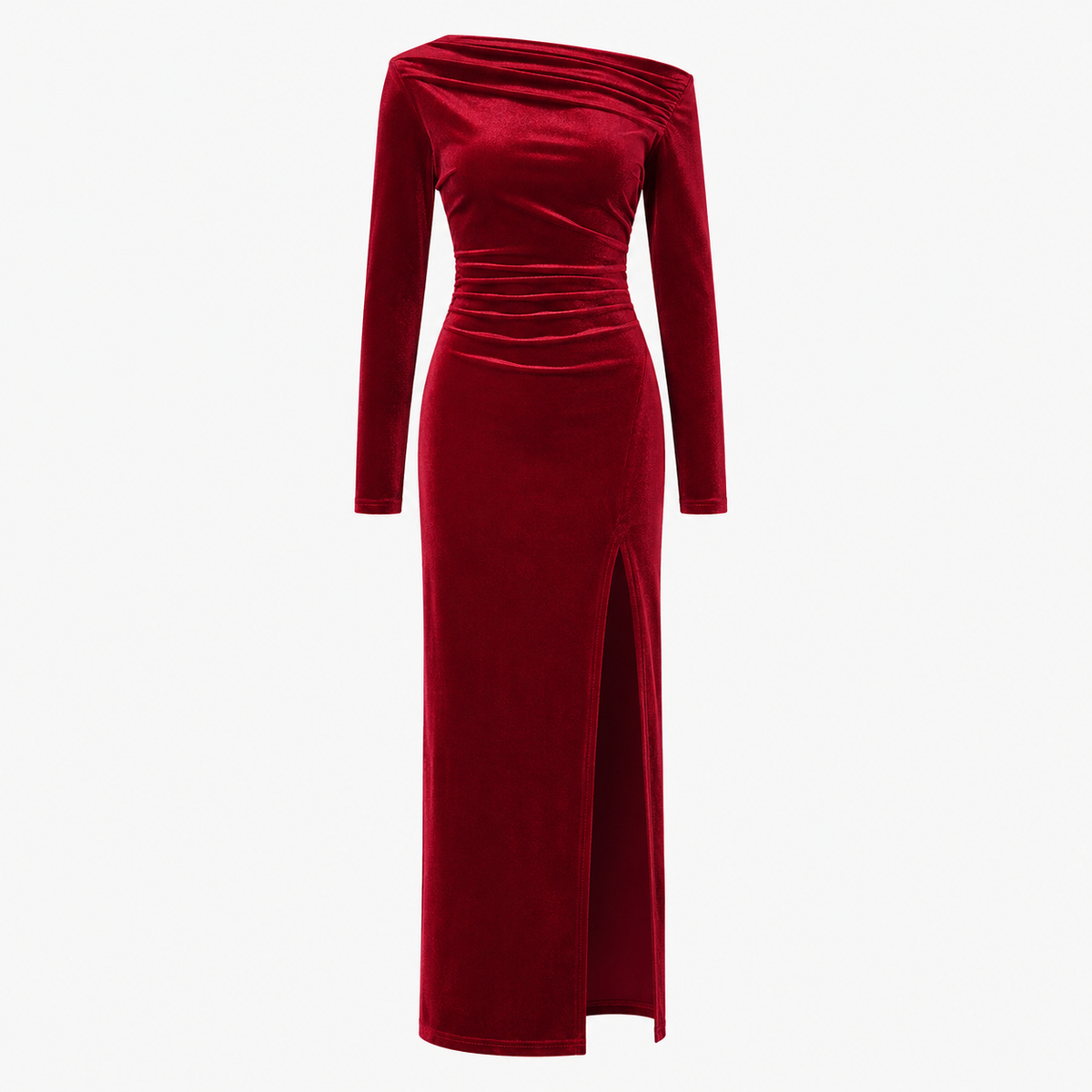 Women's Ruched Maxi Dress with Side Split and Long Sleeves