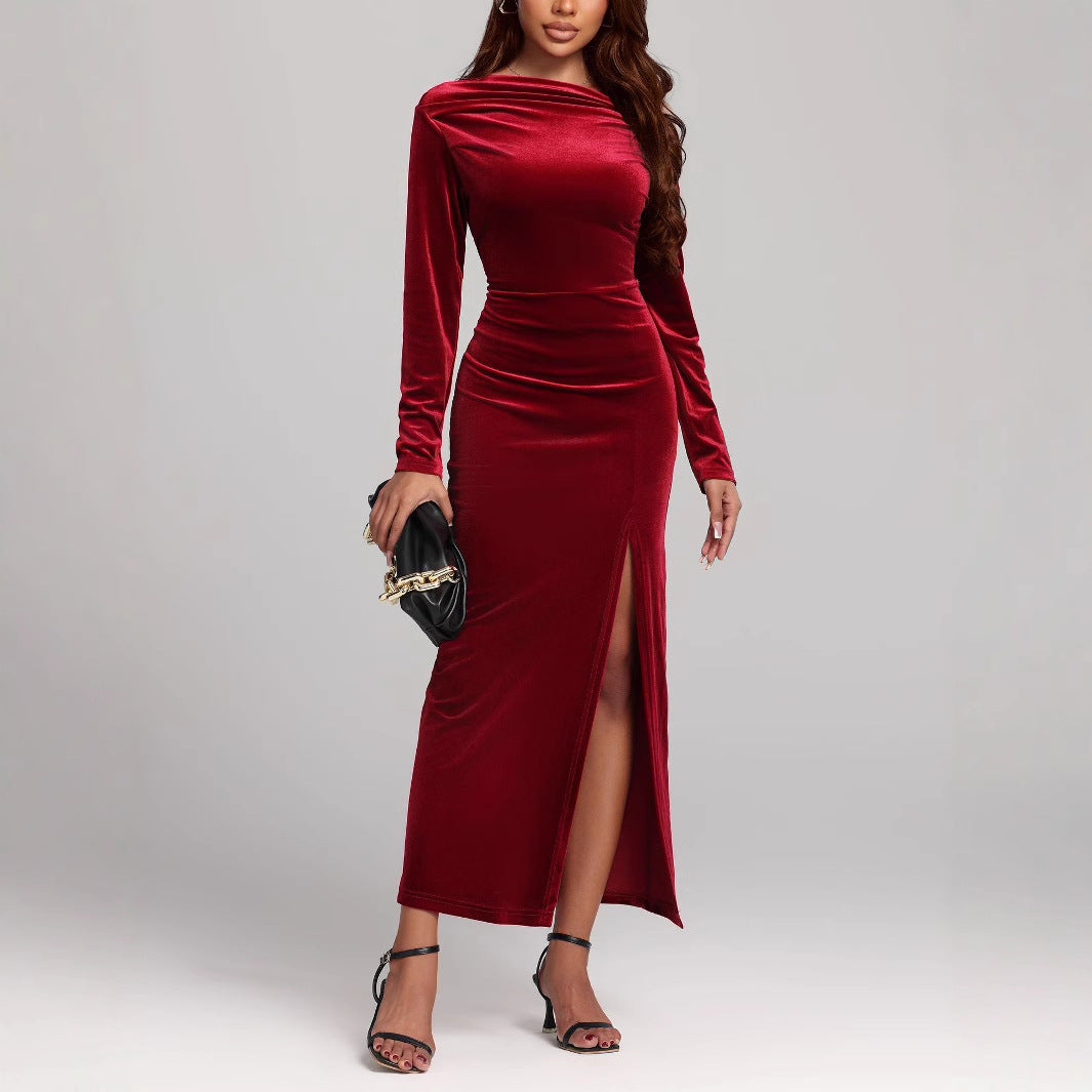 Women's Ruched Maxi Dress with Side Split and Long Sleeves
