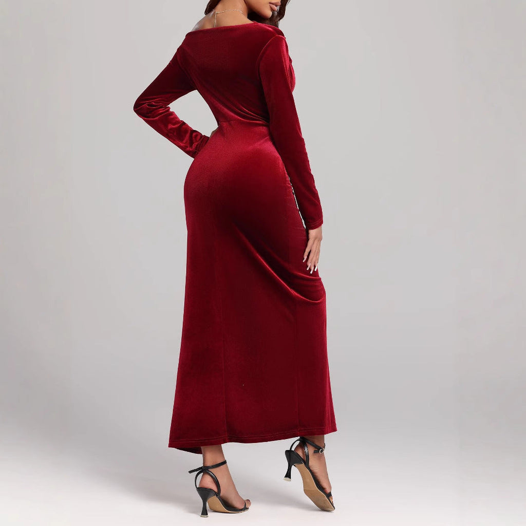 Women's Ruched Maxi Dress with Side Split and Long Sleeves