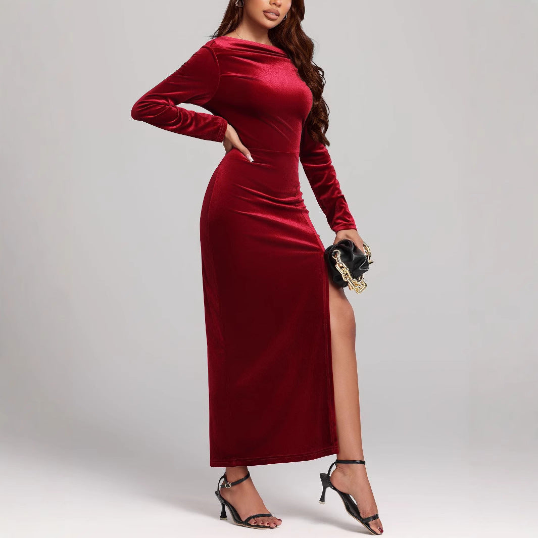 Women's Ruched Maxi Dress with Side Split and Long Sleeves