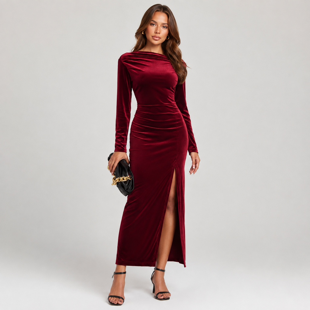 Women's Ruched Maxi Dress with Side Split and Long Sleeves