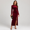 Women's Ruched Maxi Dress with Side Split and Long Sleeves