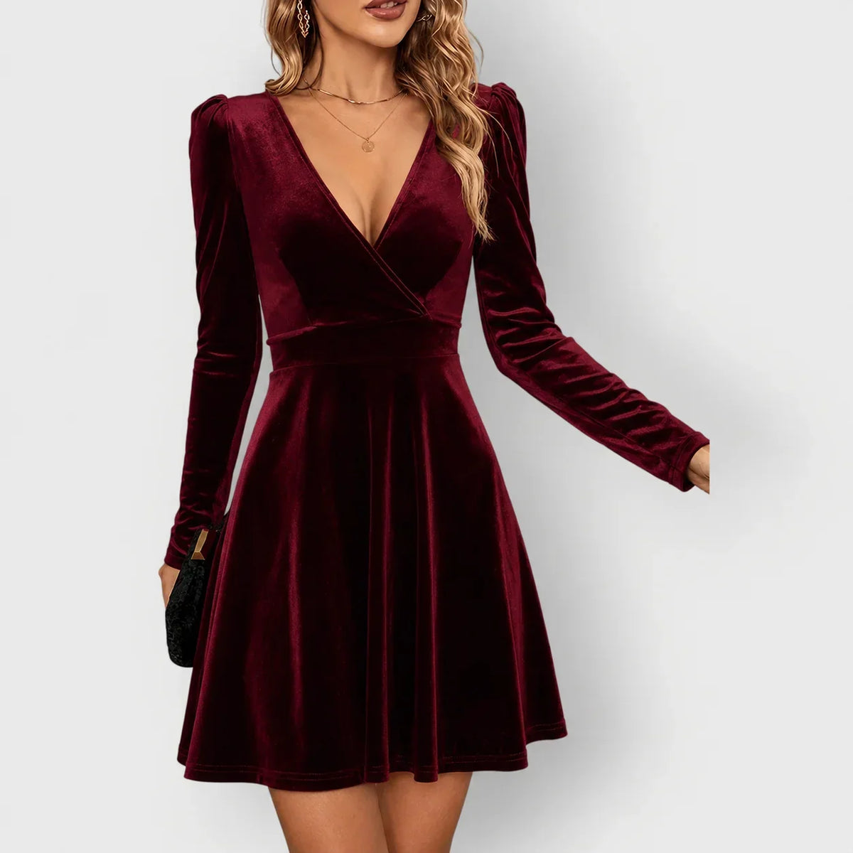 Women's Velvet Skater Dress with Puff Sleeves – view 2