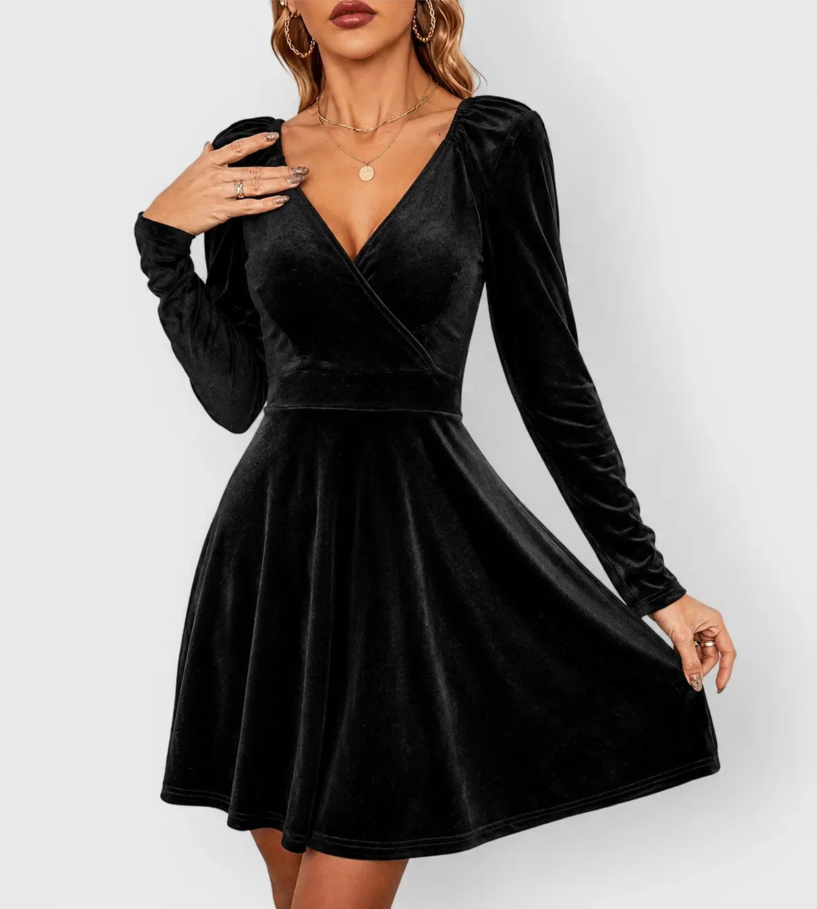 Women's Velvet Skater Dress with Puff Sleeves – view 3