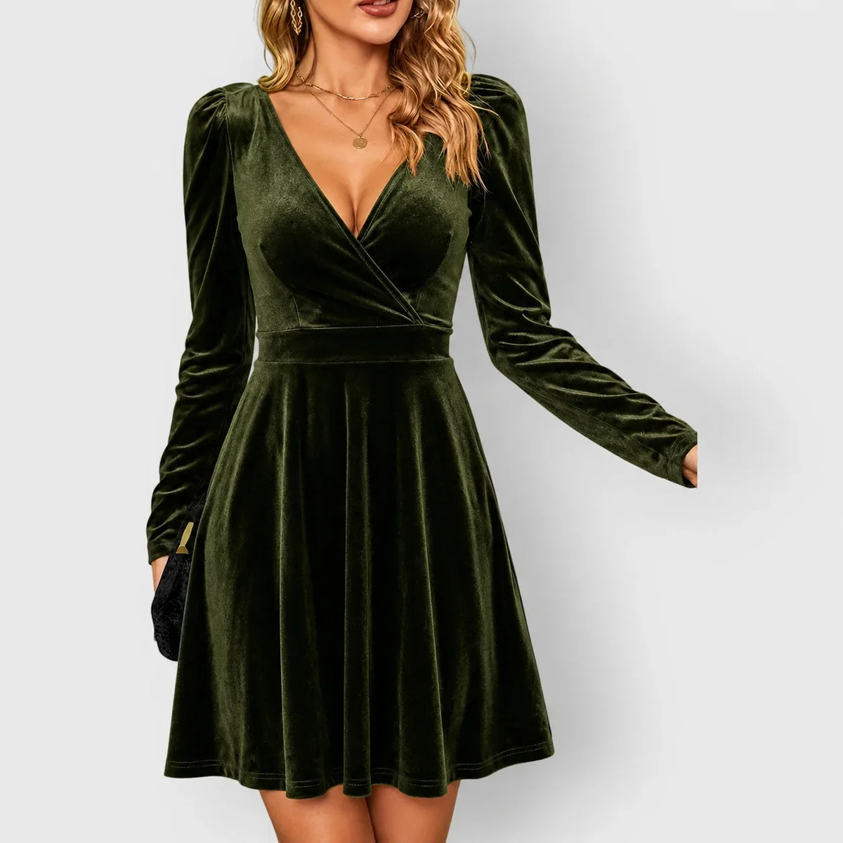 Women's Velvet Skater Dress with Puff Sleeves – view 5