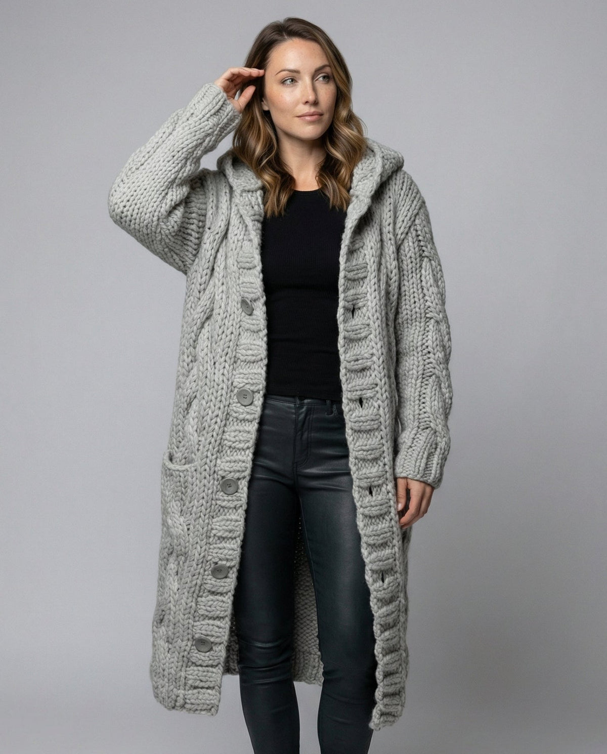 Women's Chunky Cable Knit Cardigan | Hooded & Longline Fit