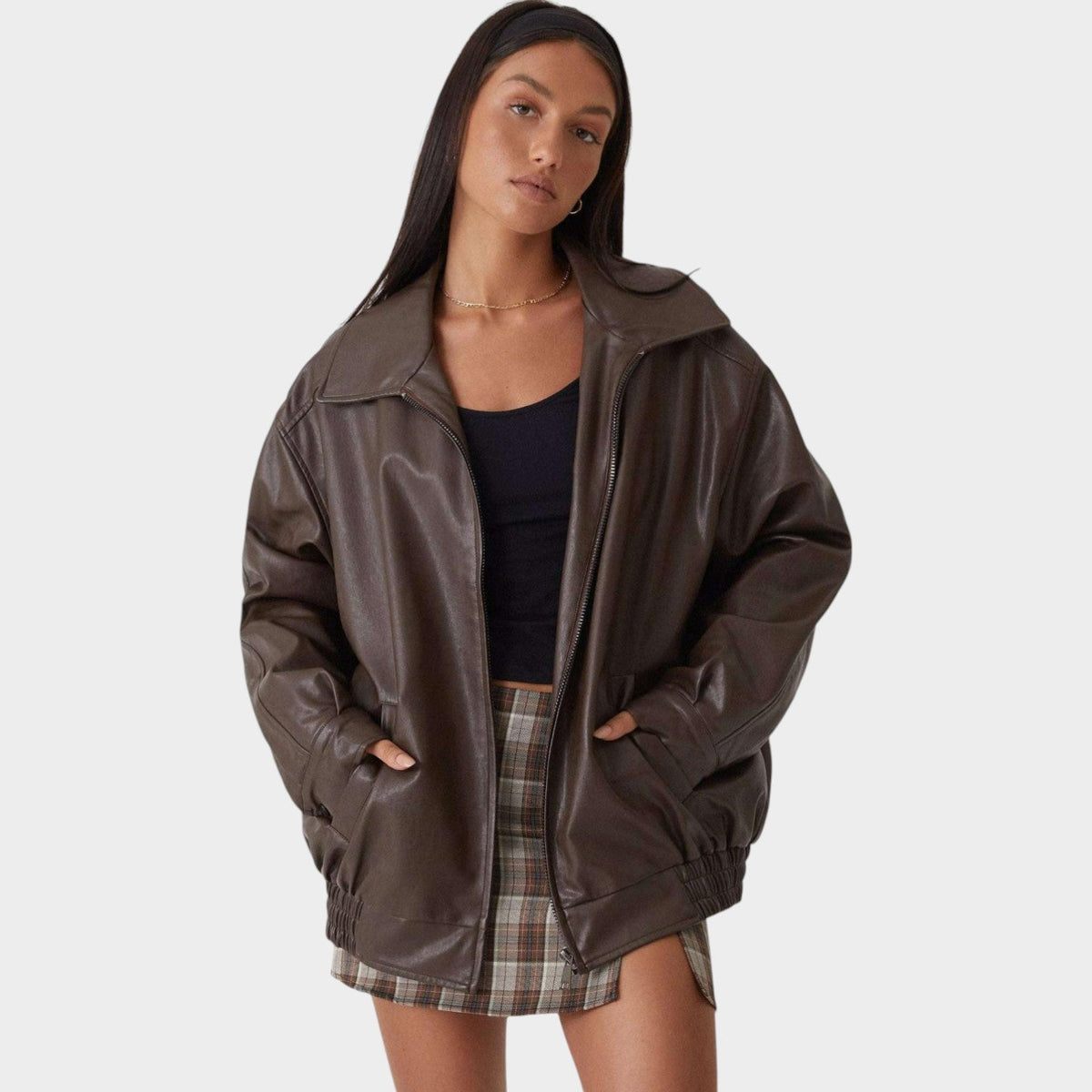 Women's Leather Jacket Bomber Oversized Zip-Up