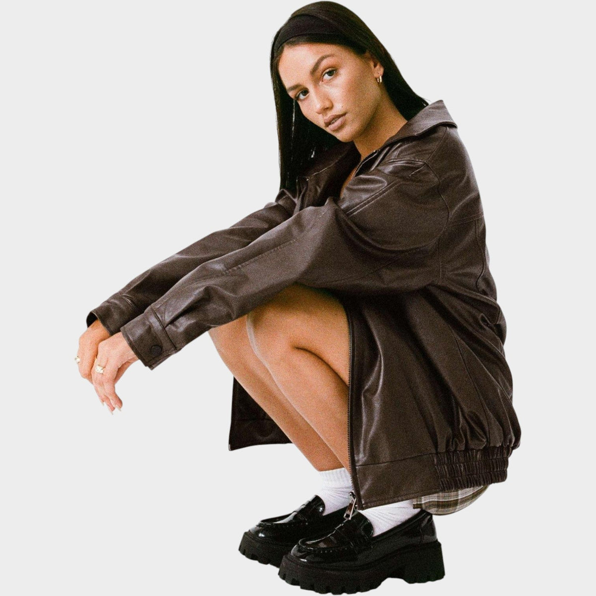 Women's Leather Jacket Bomber Oversized Zip-Up