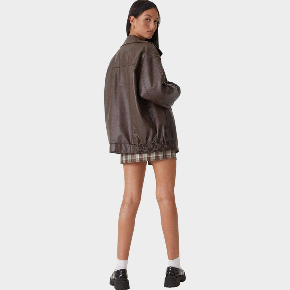 Women's Leather Jacket Bomber Oversized Zip-Up