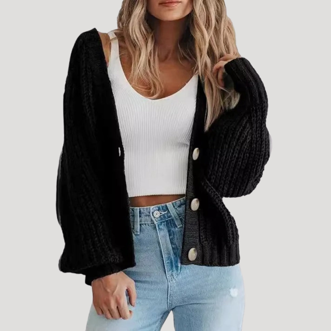 Women's Cropped Knit Cardigan – V Neck & Button Front – view 5