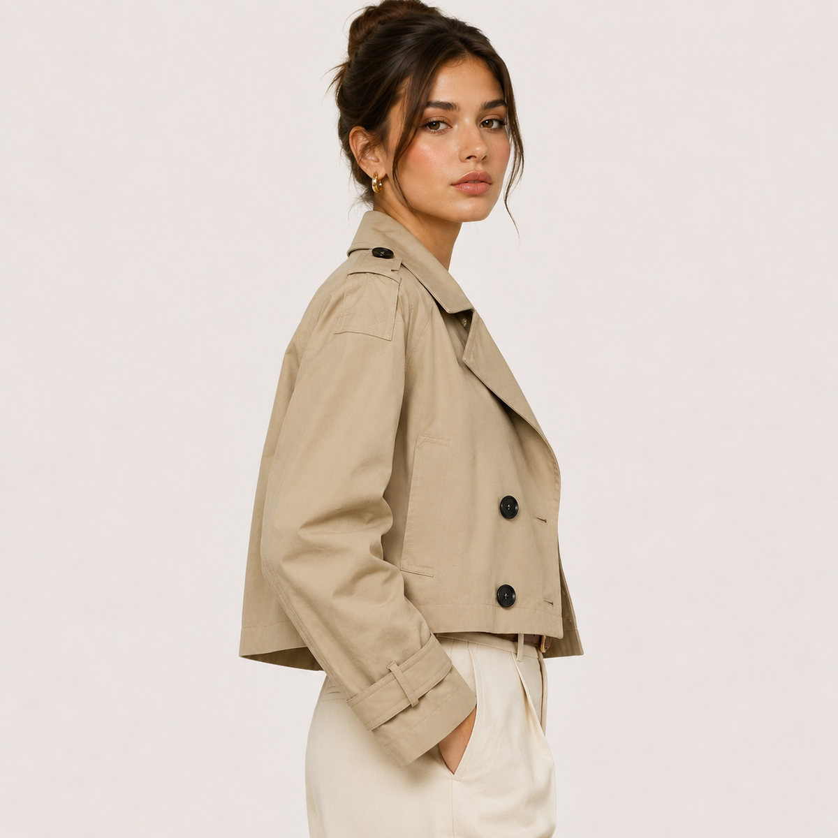 Women's Cropped Trench Jacket Double Breasted Classic Outerwear – view 2