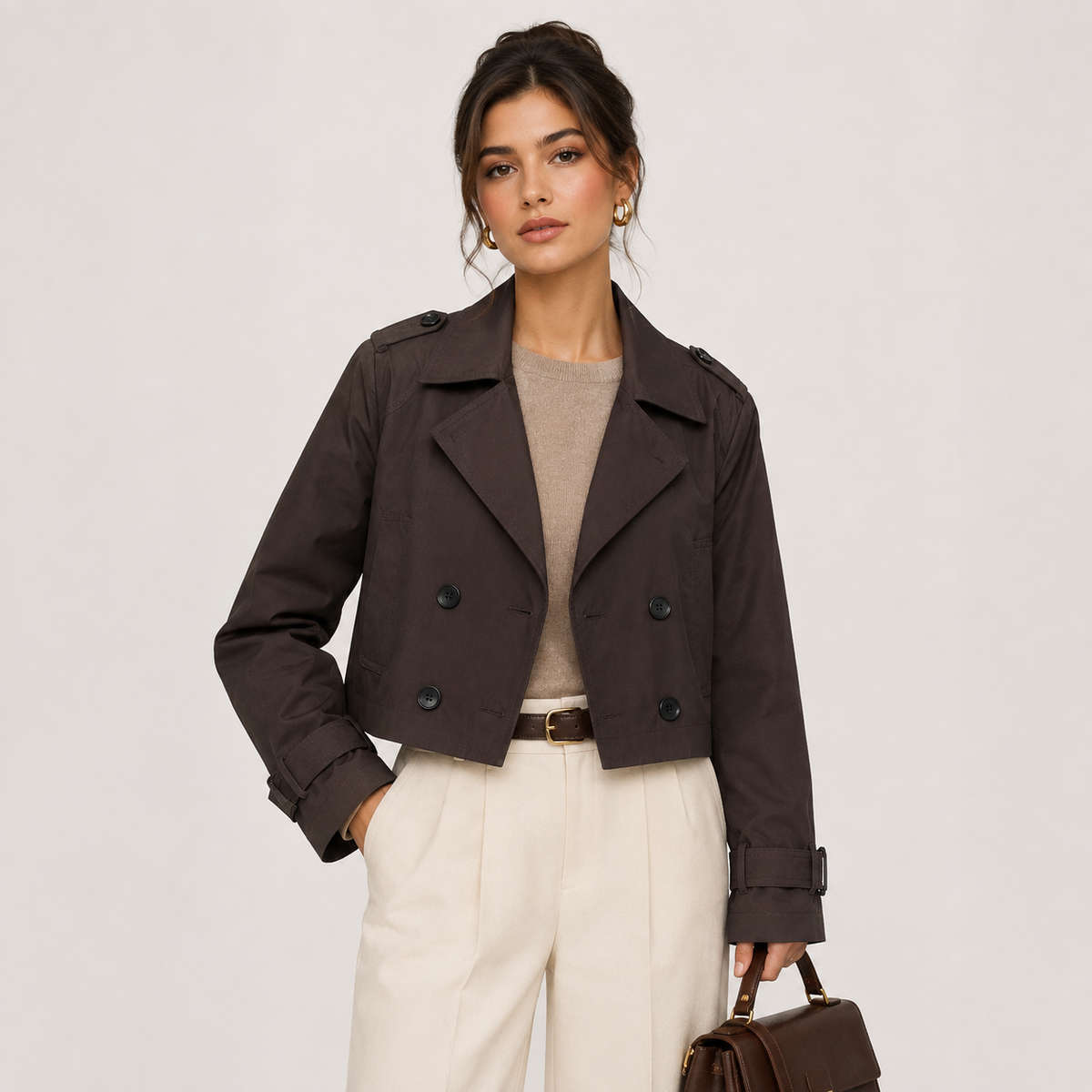 Women's Cropped Trench Jacket Double Breasted Classic Outerwear – view 5