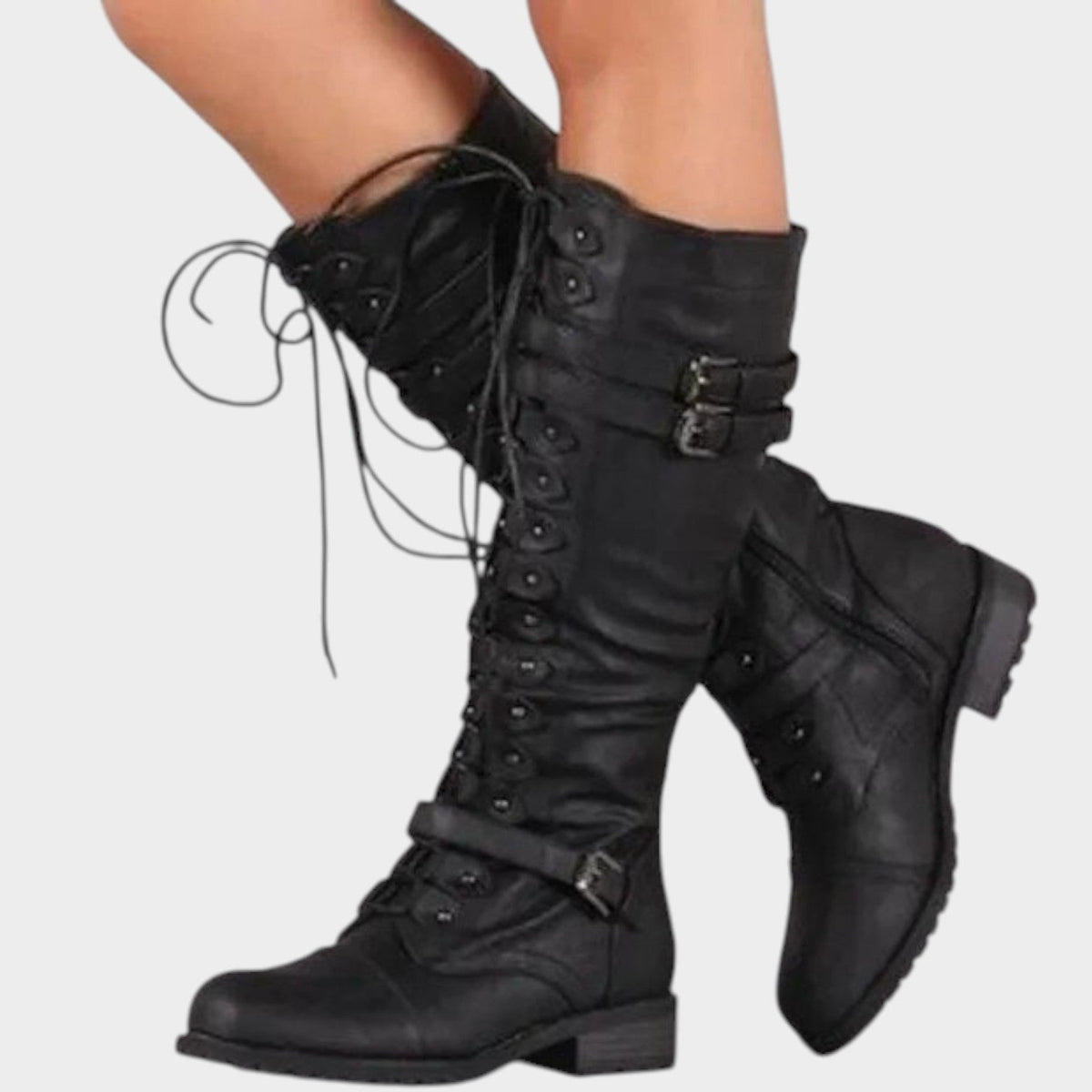 Women's Faux Leather Knee High Boots with Buckle Details