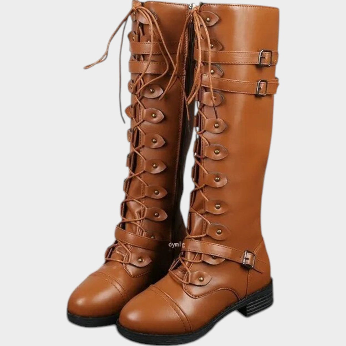 Women's Faux Leather Knee High Boots with Buckle Details – view 2