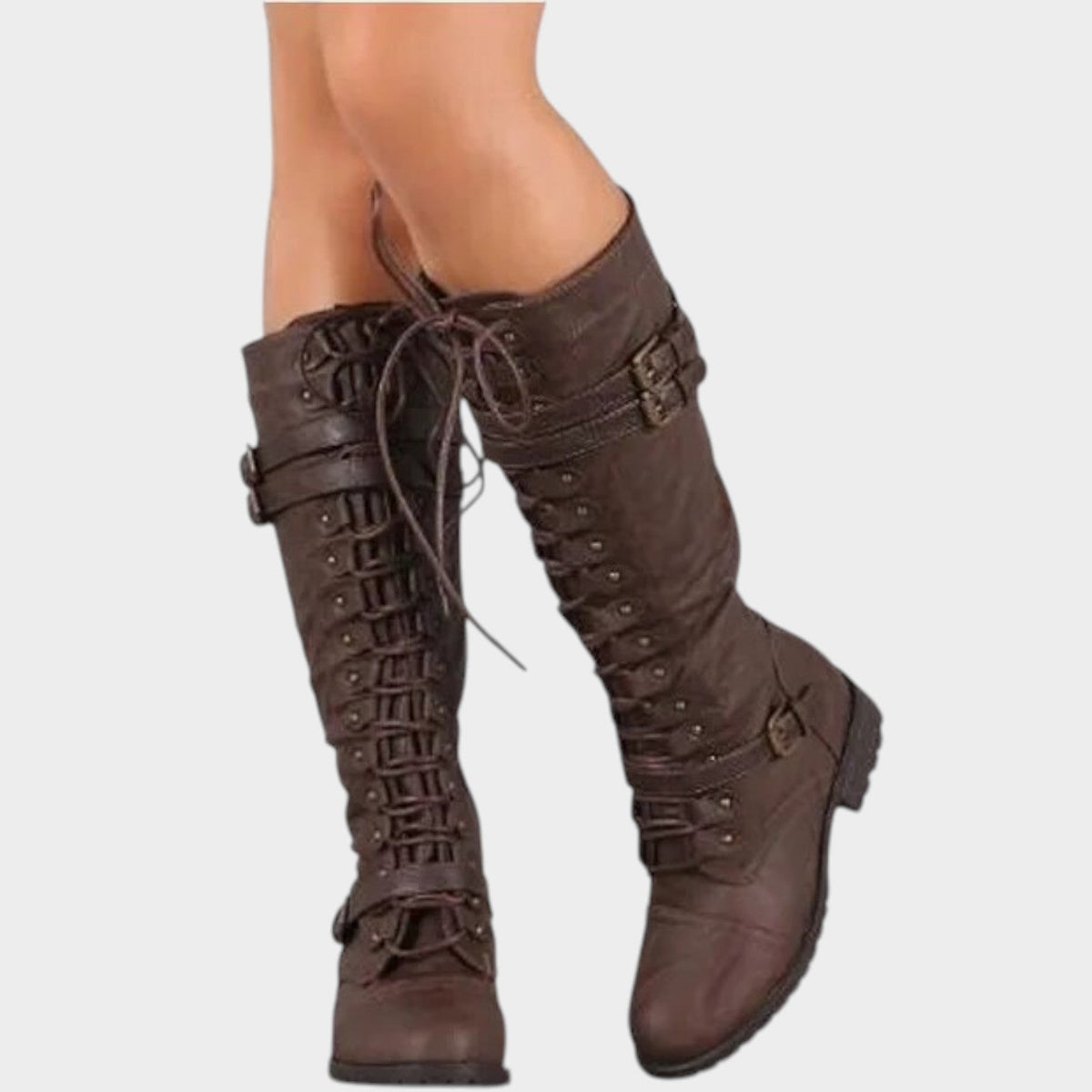 Women's Faux Leather Knee High Boots with Buckle Details – view 3