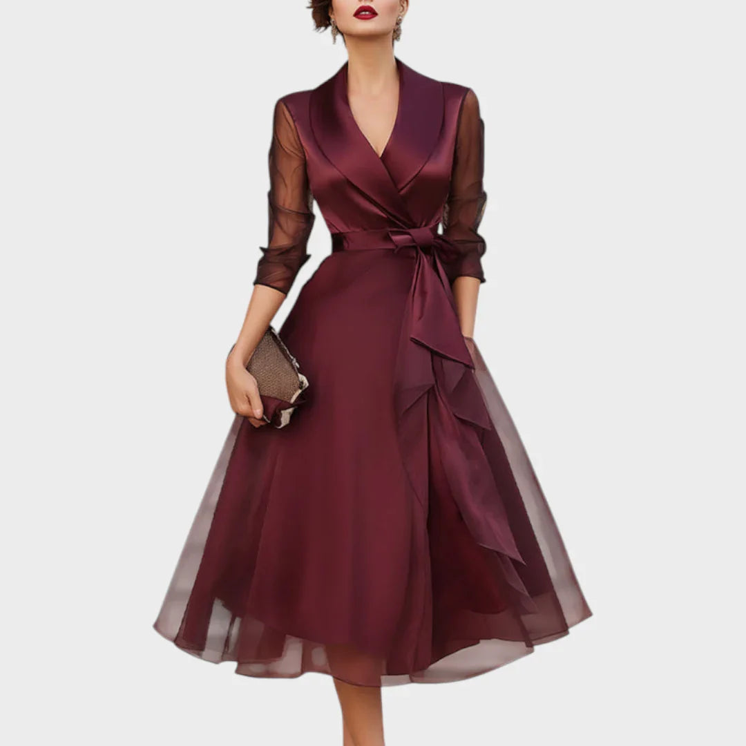 Women's Formal Dresses – Midi Wrap Sheer Sleeve