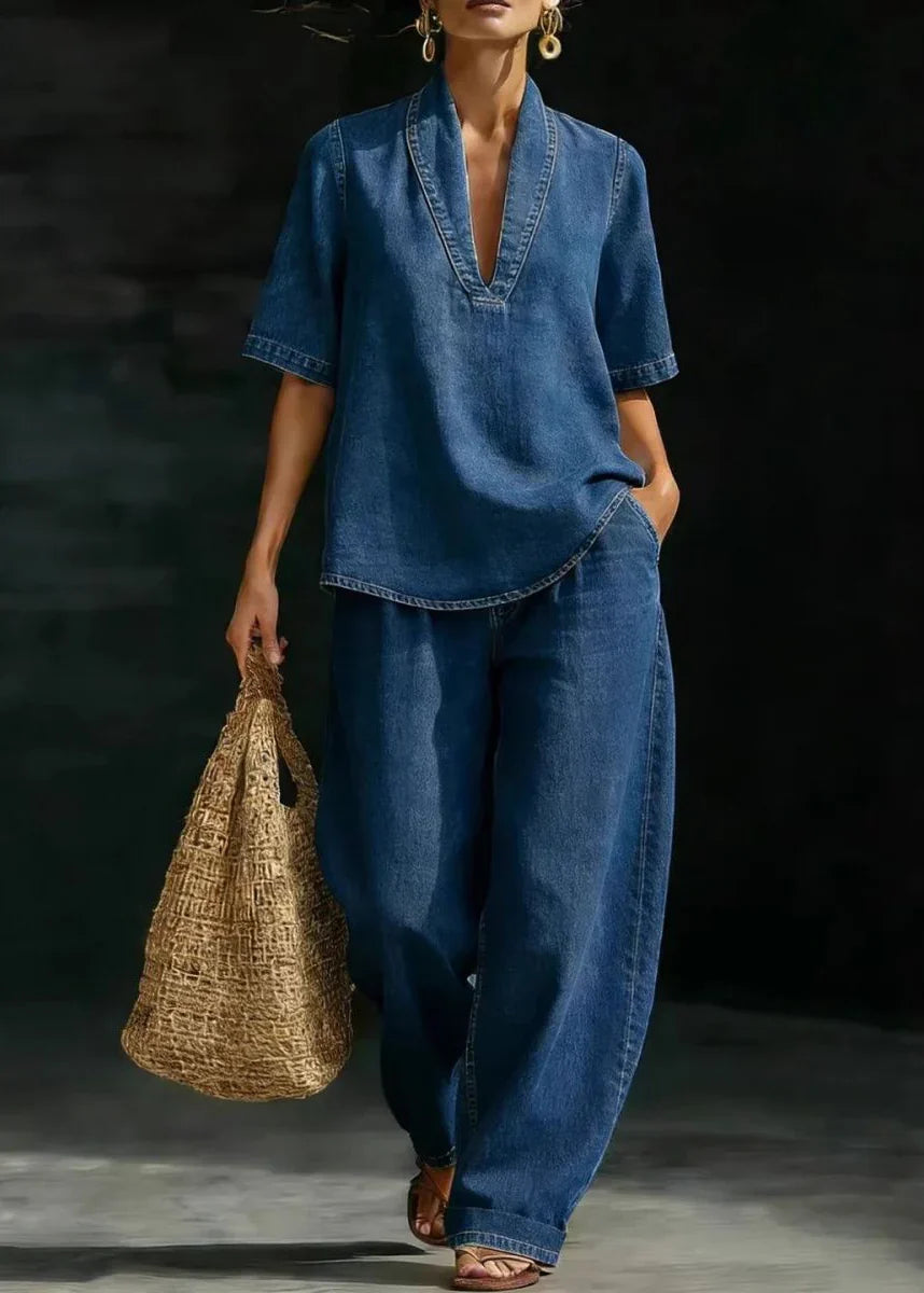 Women's Jeans Set – V-Neck Denim Patchwork Short Sleeve – view 2