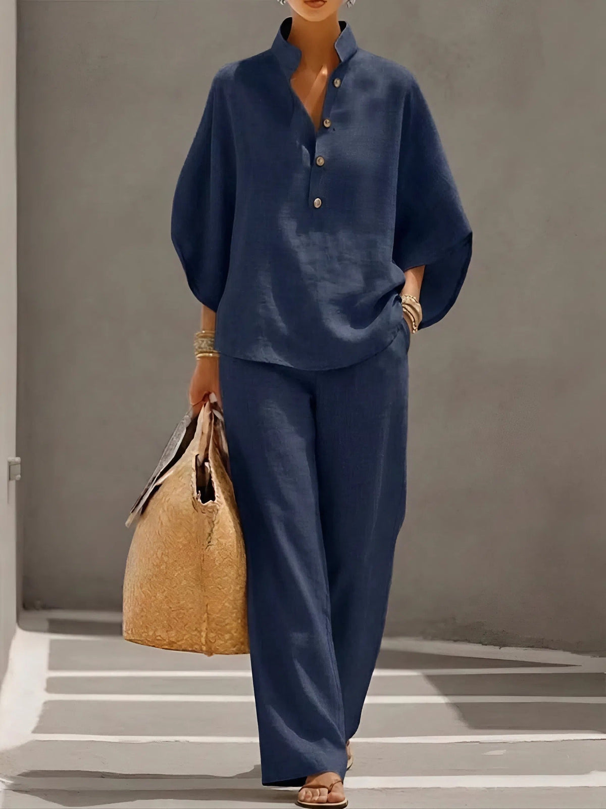 Women's Linen-Look Batwing Sleeve Shirt and Wide-Leg Pants Set – view 2