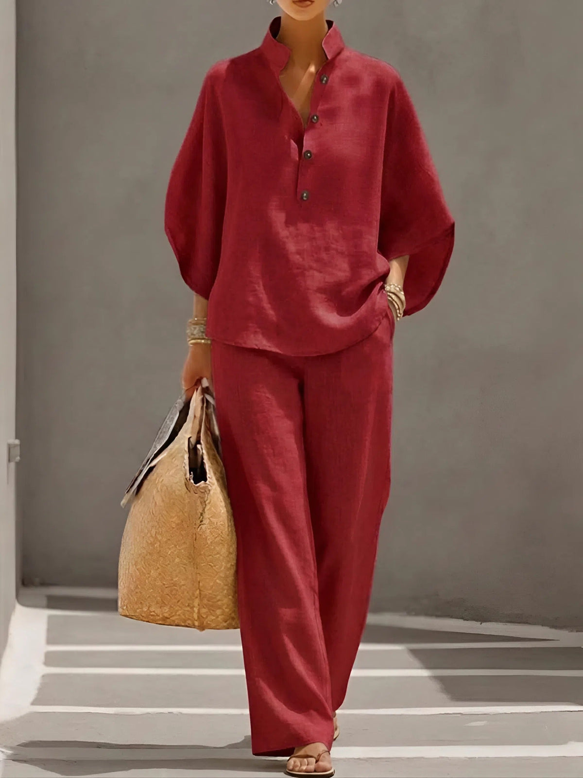 Women's Linen-Look Batwing Sleeve Shirt and Wide-Leg Pants Set – view 3