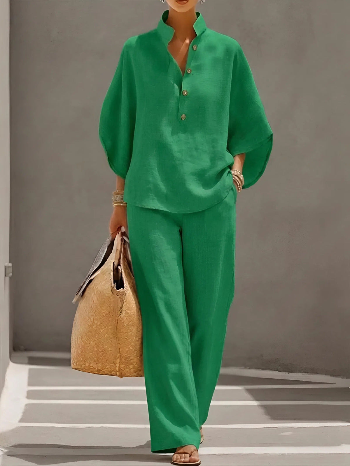 Women's Linen-Look Batwing Sleeve Shirt and Wide-Leg Pants Set – view 4