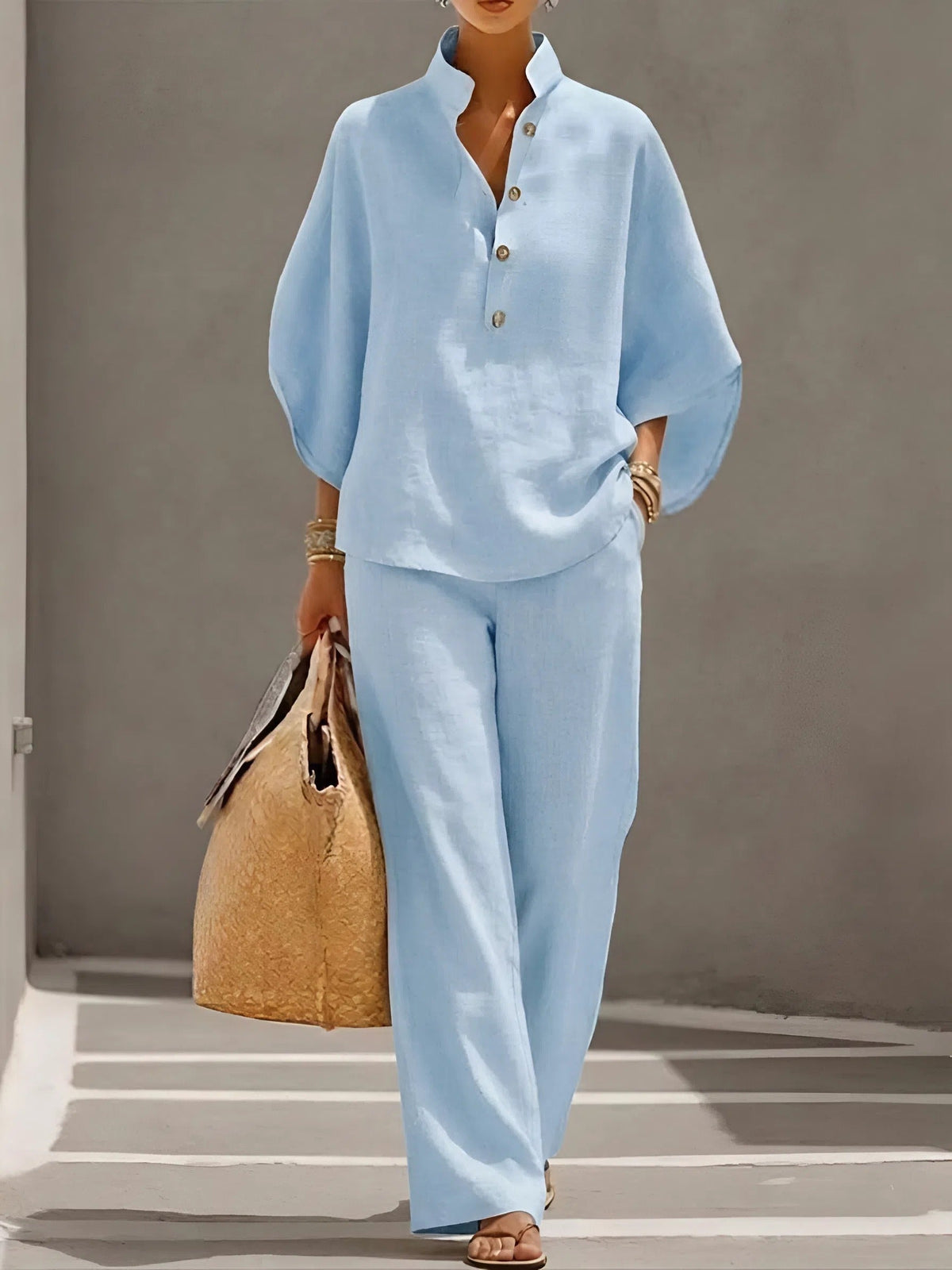 Women's Linen-Look Batwing Sleeve Shirt and Wide-Leg Pants Set – view 5