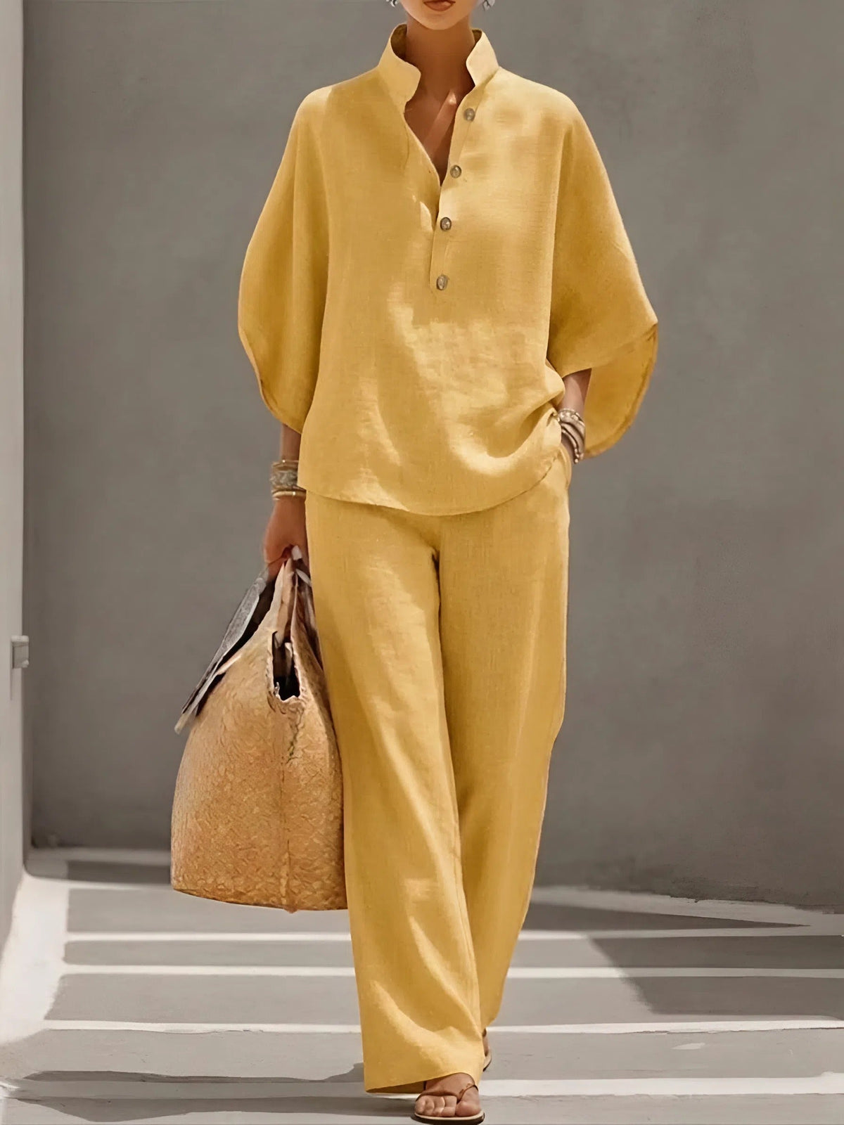 Women's Linen-Look Batwing Sleeve Shirt and Wide-Leg Pants Set – view 6