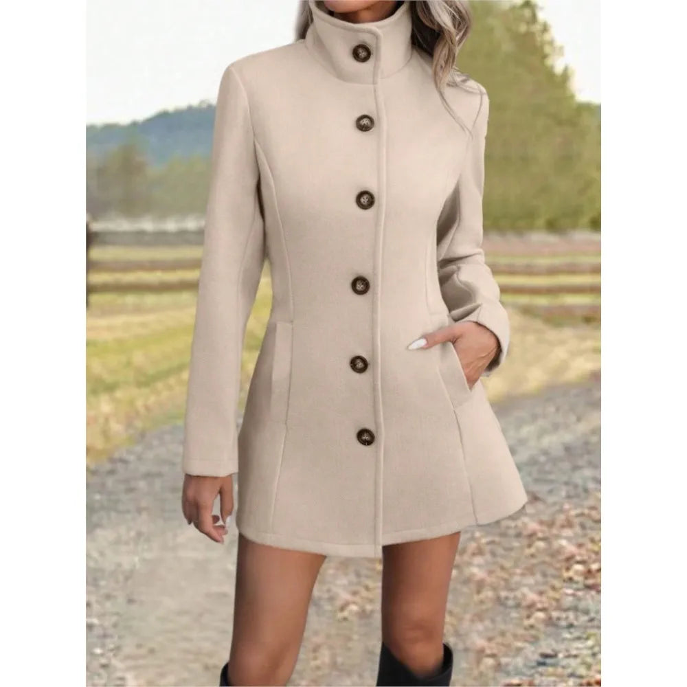 Women's Stand Collar Long Wool-Look Coat – Augusta – view 2