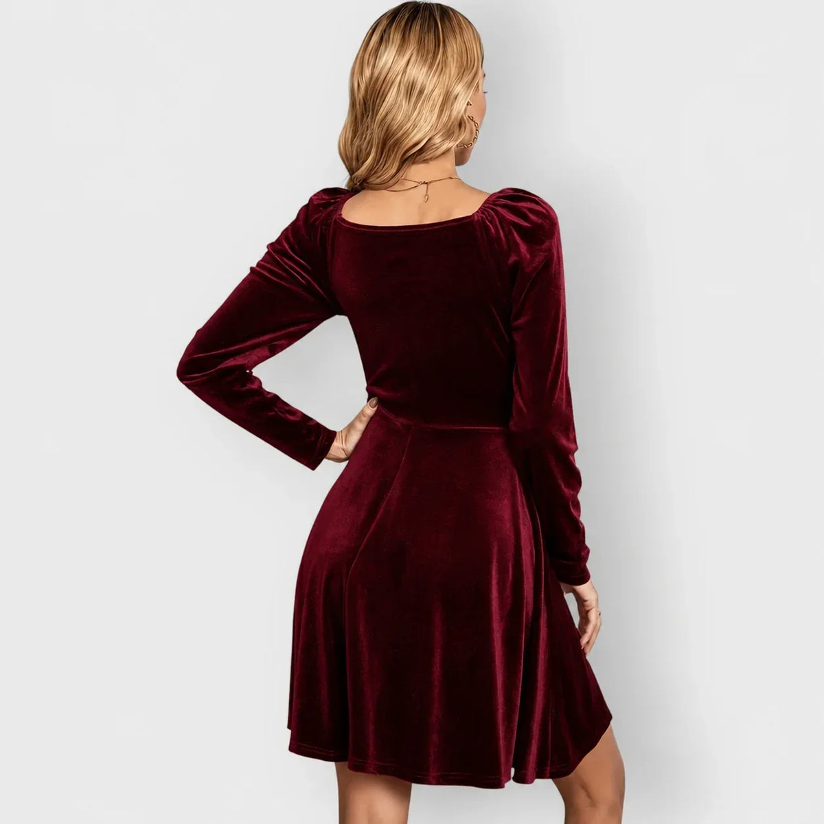 Women's Velvet Skater Dress with Puff Sleeves