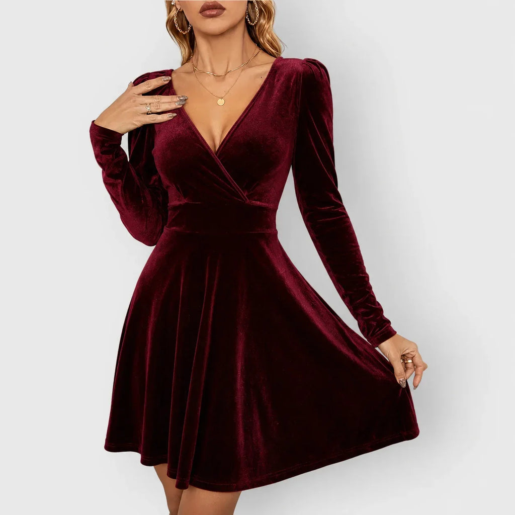 Women's Velvet Skater Dress with Puff Sleeves