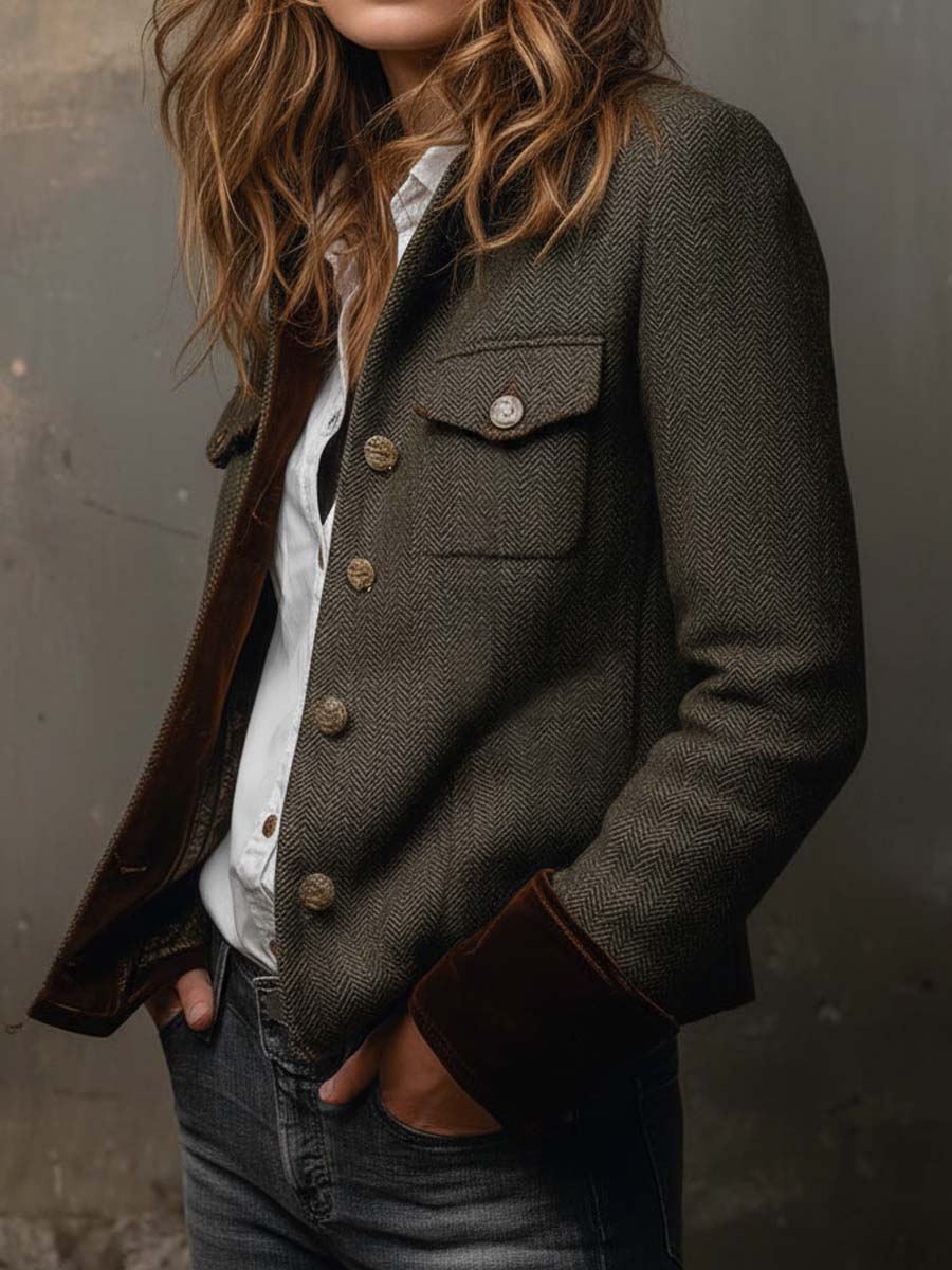 Women’s Vintage Herringbone Contrast Trim Blazer – view 2