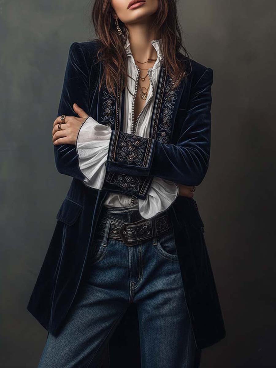 Women’s Vintage Navy Embroidered Longline Jacket – view 2
