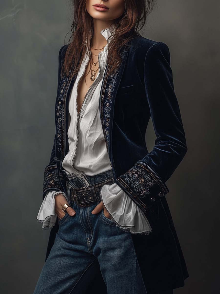 Women’s Vintage Navy Embroidered Longline Jacket – view 3