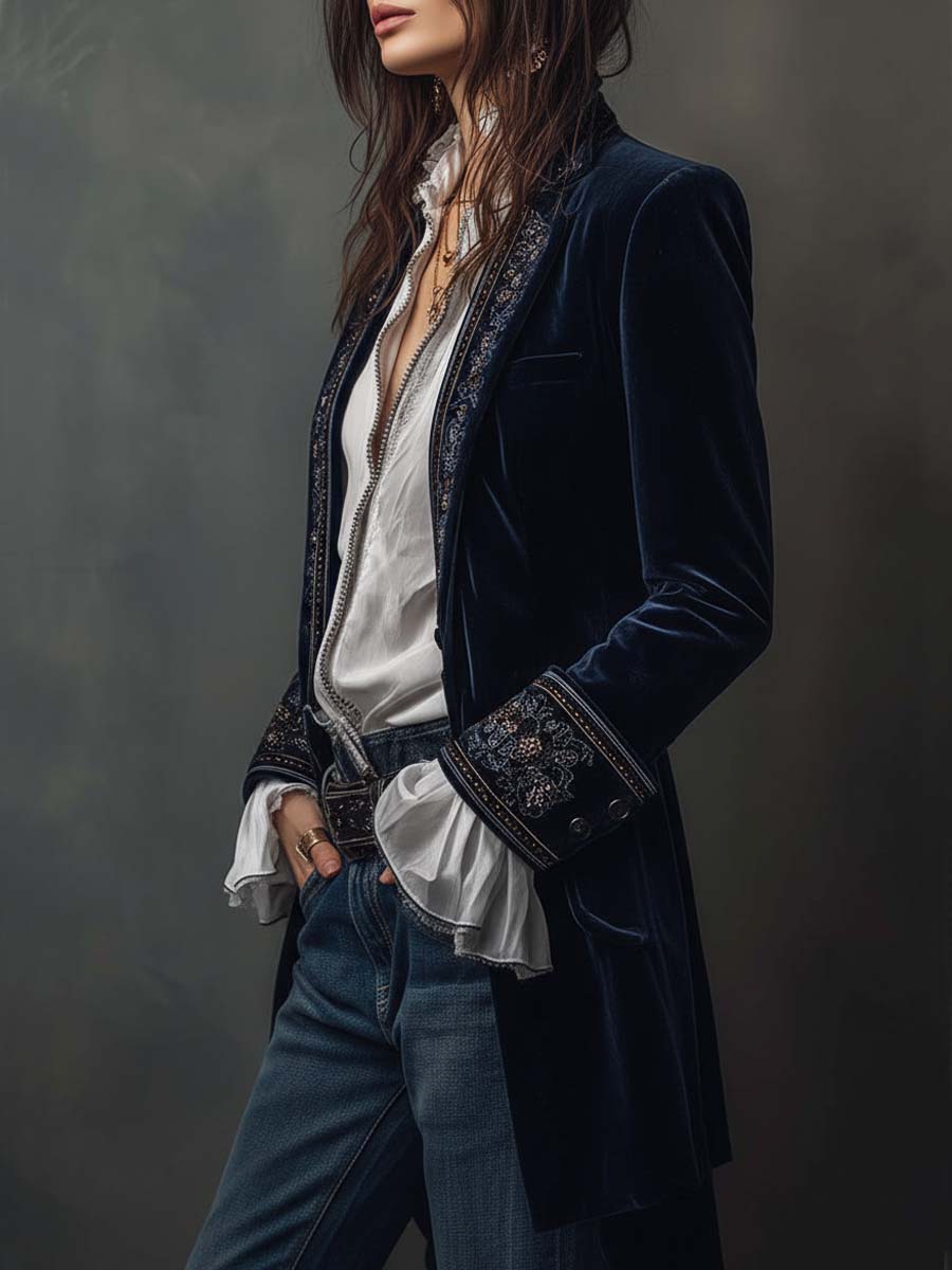Women’s Vintage Navy Embroidered Longline Jacket – view 4