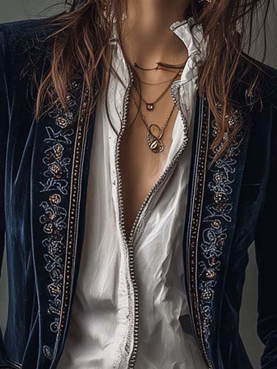 Women’s Vintage Navy Embroidered Longline Jacket – view 5